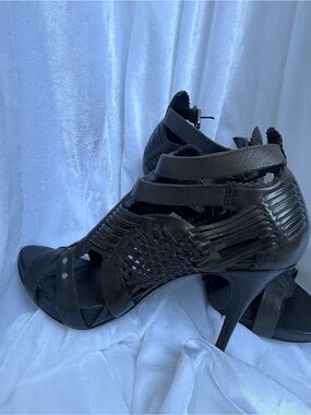AllSaints Vintage Woven Leather Studded Cage Heels | Black | Indie Sleaze